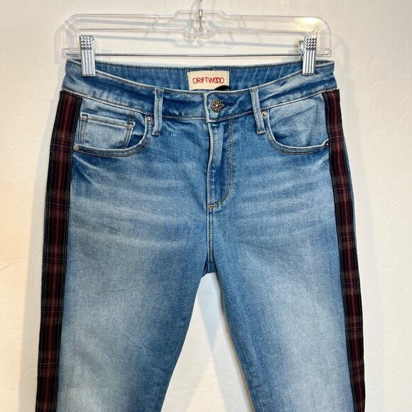 Driftwood Colette Straight Crop Fray Hem Plaid tuxedo stripe Jeans Denim Size 26 - Picture 4 of 9